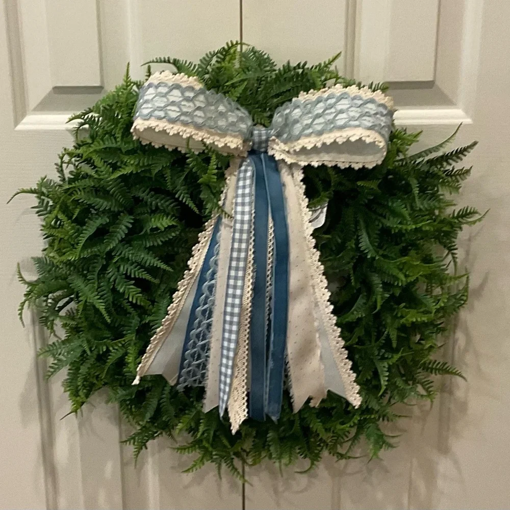 Green Fern Holiday Wreath with Blue & Cream Ribbon Bow